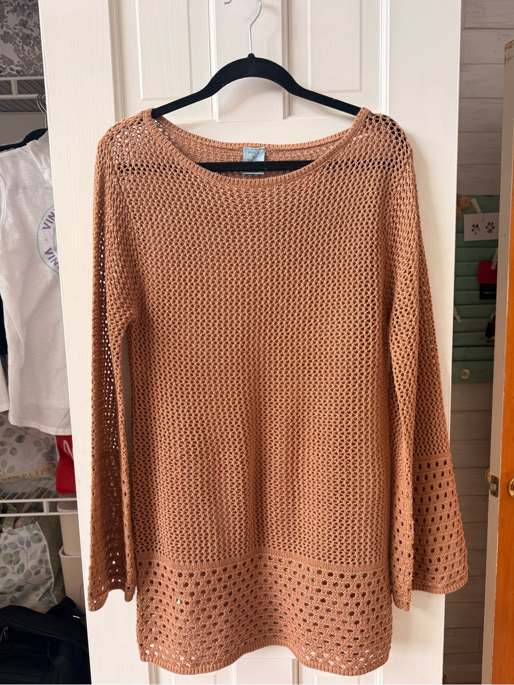 Shade & Shore Open-Weave Crewneck Sweater - Clay/Tan